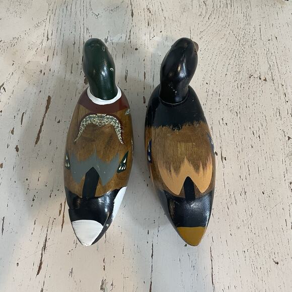 Antique Wood Carved Hand Painted Ducks 8 Inch Lot Of 2 Vtg Hunting Old Mallard - Picture 7 of 8